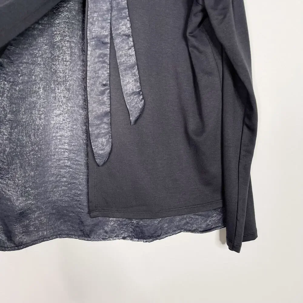 Bobeau Gray Blue MP Tie Open Back Long Sleeve Top Medium Petite Crew Neck